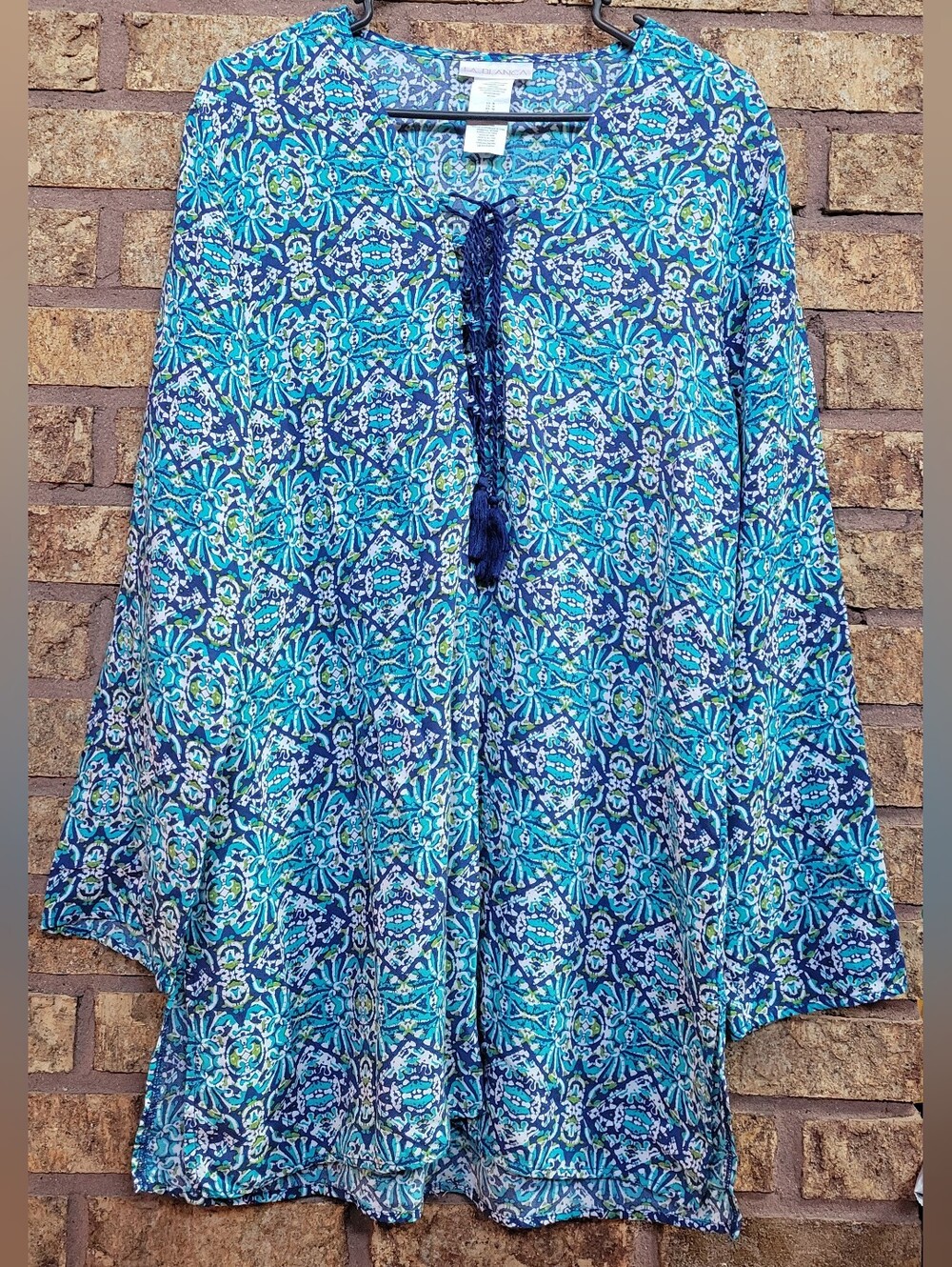 La Blanca Tuvalu Tapa Long-Sleeve Tassel Tunic Coverup Size Medium Viscose
